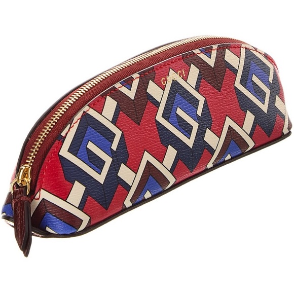 NEW Gucci Red and Blue Geometric Monogram Pattern Pouch Leather Pencil Case - Picture 3 of 6